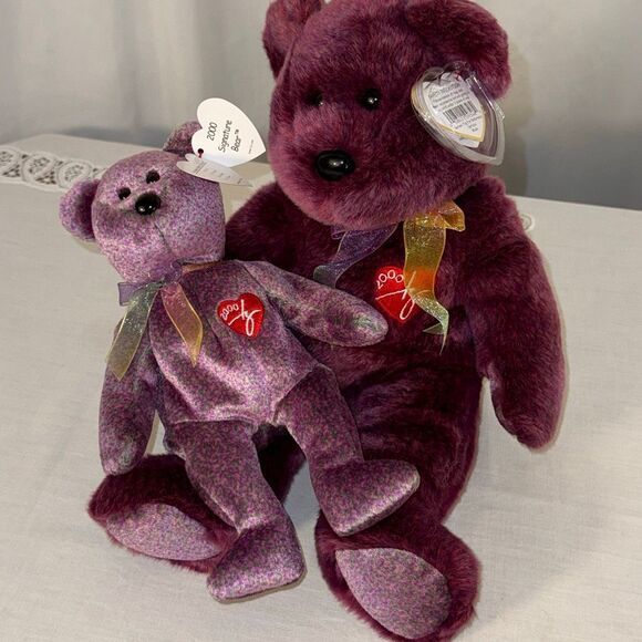 TY Signature Bear 2000 Beanie Baby & Beanie Buddy Set – Millennium Burgundy Plus - Picture 9 of 10